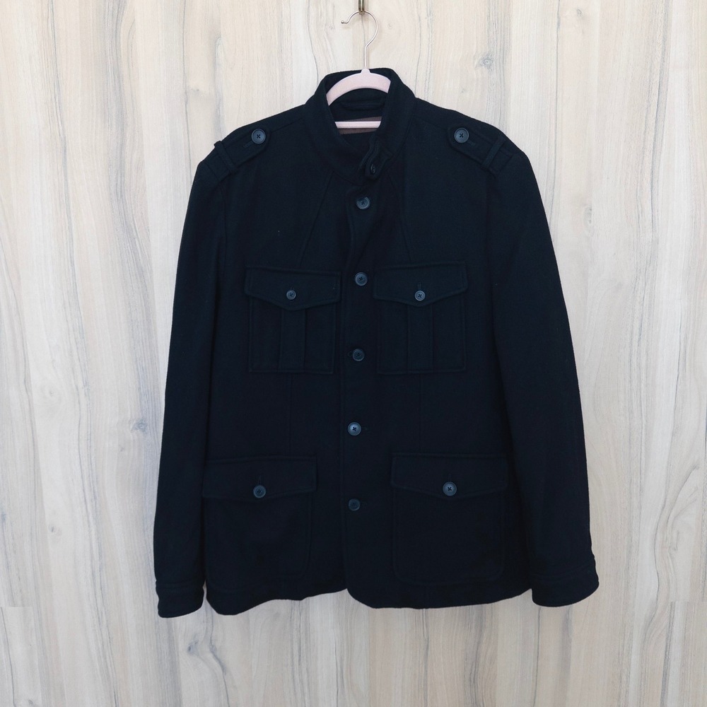 Perry Ellis Mens Wool Blend Jacket M Black Military Field Utility Coat Classic